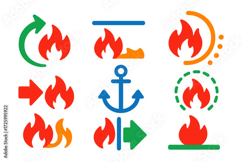 Fire Tactics Icons. Flat vector icons of fire ground tactics: flank attack arrow, direct attack line, indirect attack icon,