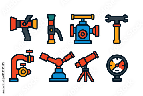 Fire Suppression Icons. Flat vector icons of fire suppression tools: fire hose nozzle, foam nozzle, water pump, hydrant wrench,