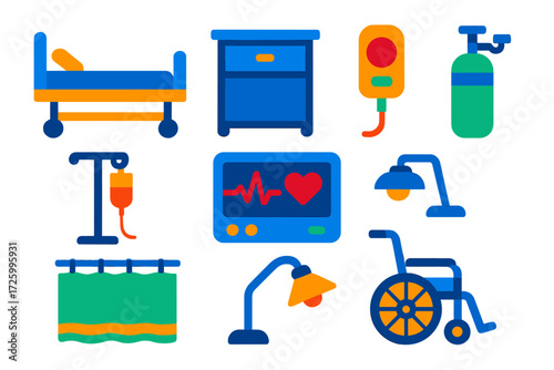 Hospital Room Icons. Flat vector icons of patient room features: hospital bed, bedside table, call button, IV pole, heart monitor,