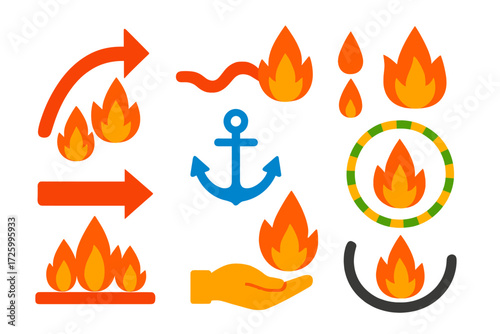 Fire Tactics Icons. Flat vector icons of fire ground tactics: flank attack arrow, direct attack line, indirect attack icon,