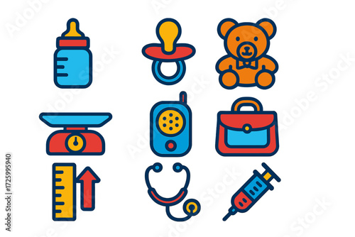 Pediatric Care Icons. Flat vector icons of pediatric care: baby bottle, pacifier, teddy bear, infant scale, baby monitor, diaper