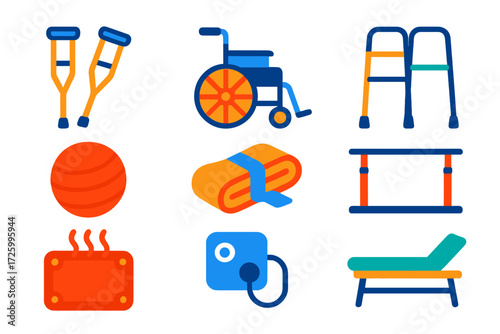 Rehabilitation Therapy Icons. Flat vector icons of rehabilitation therapy: crutches, wheelchair, walker, exercise ball, resistance