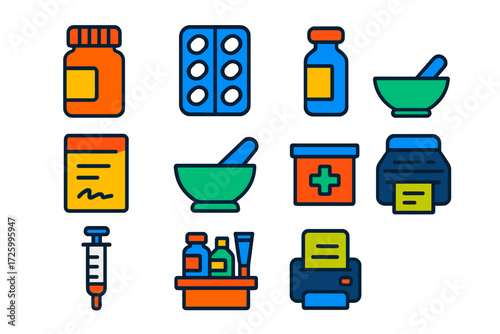 Pharmacy Icon Set. Flat vector icons of pharmacy items: pill bottle, blister pack, medicine vial, prescription pad, mortar and