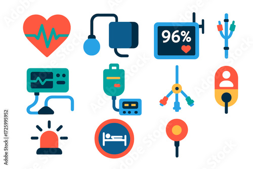 Colorful ICU Icons. Flat vector icons of ICU monitoring: heart rate, blood pressure cuff, oxygen saturation, ventilator, infusion