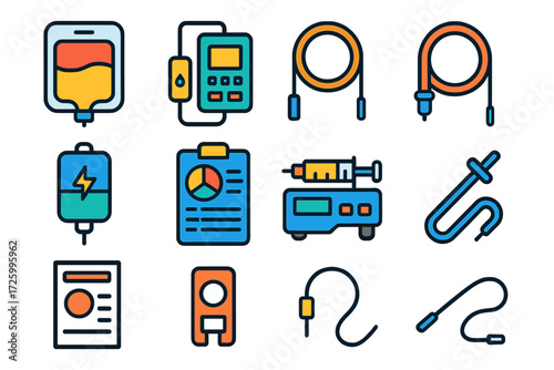 Bold Nutrition Icons. Flat vector icons of nutrition and IV therapy: TPN bag, IV pump, feeding tube, electrolyte bag, nutrition