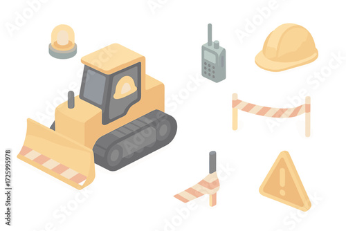 Bulldozer Safety Icons. Isometric vector illustration set Bulldozer Safety and Worksite: backup beeper light, hardhat icon on