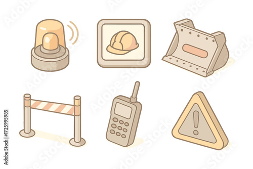 Bulldozer Safety Icons. Isometric vector illustration set Bulldozer Safety and Worksite: backup beeper light, hardhat icon on