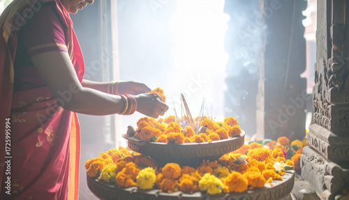 Hindu Flower Offering Temple. Religion concept. Generated Image
