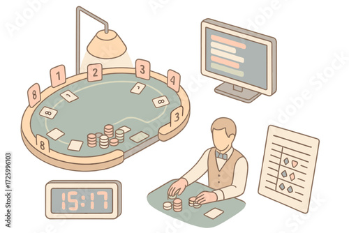 Isometric Casino Tournament. Isometric vector illustration set Casino Poker Tournament Setup: felt table with lighting, numbered