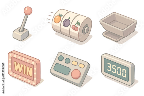 Slot Machine Elements. Isometric vector illustration set Slot Machine Game Elements: lever handle with chrome detail, spinning