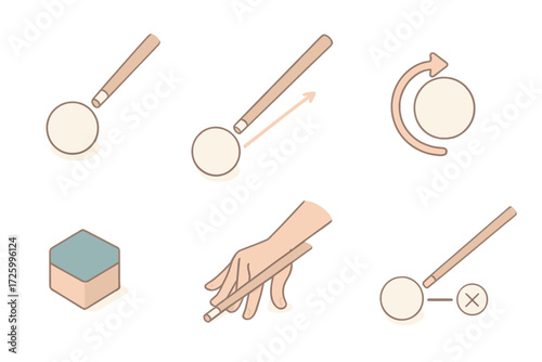 Cue Stick Dynamics. Isometric vector illustration set Cue Stick and Ball Control: close-up of cue striking cue ball, follow shot