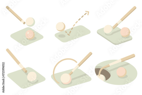 Trick Shot Billiards. Isometric vector illustration set Trick Shot Billiards Scene: cue ball jumping over obstacle, bank shot path