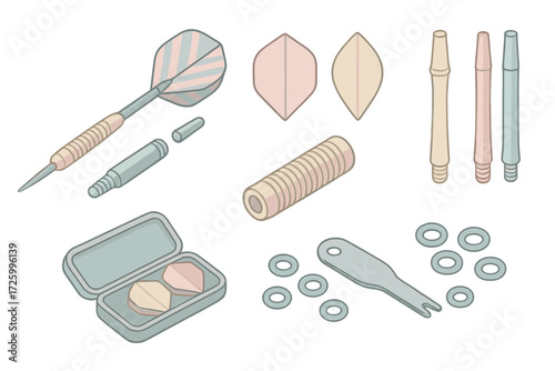 Dart Components Display. Isometric vector illustration set Dart Components and Variants: steel tip dart exploded view, flight