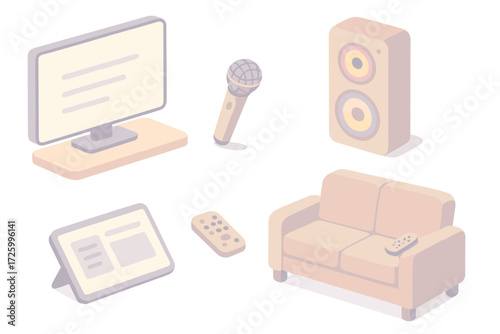 Home Karaoke Setup. Isometric vector illustration set Home Karaoke Setup: flat-screen TV with lyric lines, wireless microphone on