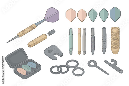 Dart Components Display. Isometric vector illustration set Dart Components and Variants: steel tip dart exploded view, flight