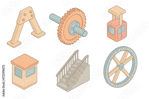 Ferris Wheel Mechanics. Isometric vector illustration set Ferris Wheel Mechanics and Details: support beam with bolts, rotating