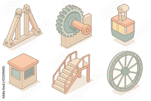Ferris Wheel Mechanics. Isometric vector illustration set Ferris Wheel Mechanics and Details: support beam with bolts, rotating