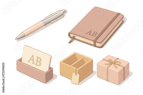 Personalized Office Accessories. Isometric vector illustration set Personalized Office Accessories: metal pen with engraved name,