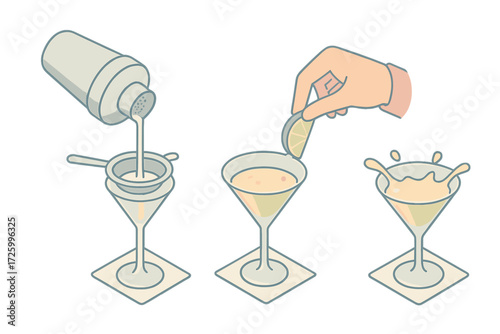 Cocktail Pouring Moment. Isometric vector illustration set Drink Pouring and Serving Moment: shaker tilted over strainer, liquid