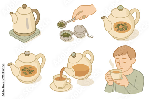 Tea Brewing Steps. Isometric vector illustration set Tea Preparation Step-by-Step: heating water in kettle, measuring tea leaves