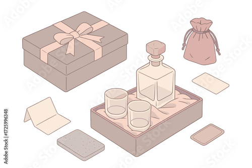 Elegant Decanter Gift Set. Isometric vector illustration set Decanter Gift Set Layout: satin-lined box with glass decanter and