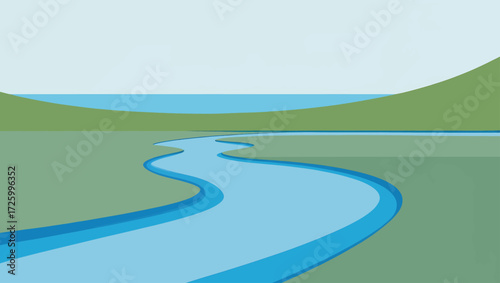 Stylized landscape with a winding blue river flowing through green hills under a pale sky