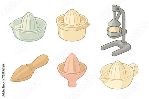 Juicer Types Illustration. Isometric vector illustration set Manual Juicer Types and Styles: glass citrus reamer with ribs,