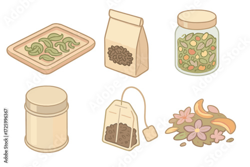 Tea Leaf Varieties. Isometric vector illustration set Tea Leaf Types and Storage: green tea leaves curled on tray, black tea in