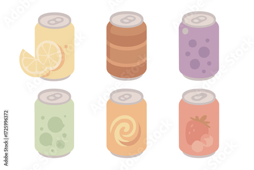 Colorful Soda Icons. Isometric vector illustration set Flavored Soda Themes: citrus soda with lemon slice beside, cola can with