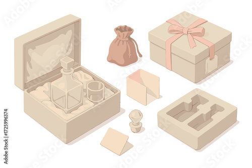 Elegant Decanter Gift Set. Isometric vector illustration set Decanter Gift Set Layout: satin-lined box with glass decanter and