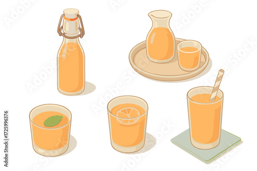Citrus Juice Icons. Isometric vector illustration set Fresh Juice Presentation Ideas: glass bottle with citrus juice and swing cap