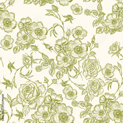 Beautiful vector vintage style pattern with hand drawn wild rose flowers in soft green tones