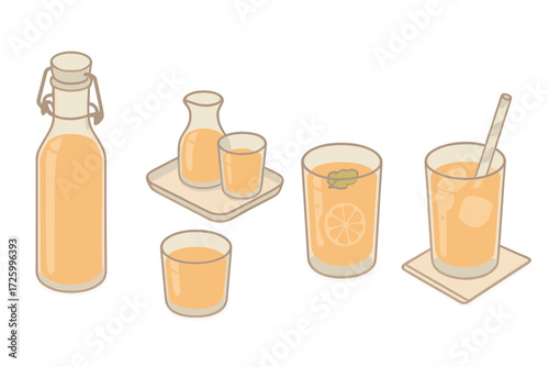 Citrus Juice Icons. Isometric vector illustration set Fresh Juice Presentation Ideas: glass bottle with citrus juice and swing cap