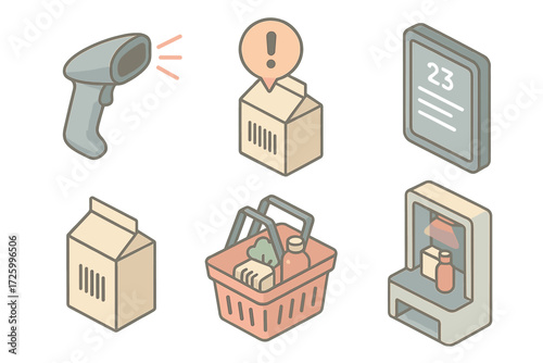 Supermarket Scanning Tools. Isometric vector illustration set Supermarket Stocking Devices: barcode scanner flashing, beep icon