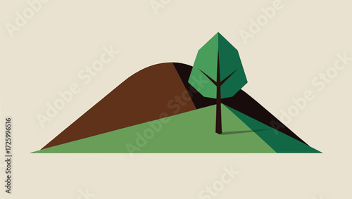 Geometric tree and hillside landscape with minimalist style