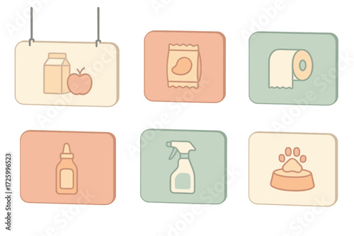 Isometric Store Signs. Isometric vector illustration set Food Store Navigation Signs: grocery aisle sign with hanging wires,