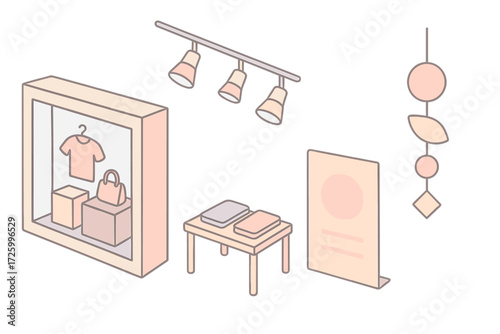 Visual Merchandising Elements. Isometric vector illustration set Visual Merchandising Elements: eye-catching window with layered