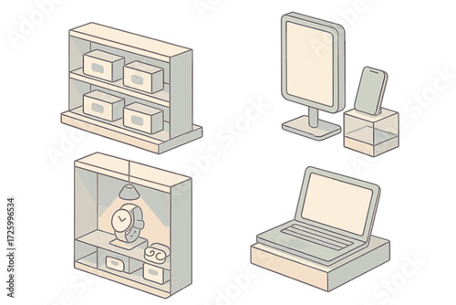 Isometric Tech Store Display. Isometric vector illustration set Tech Store Window Appeal: display shelves with boxed gadgets,