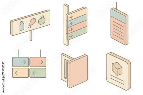 Isometric Store Signage Concepts. Isometric vector illustration set Store Directory Sign Concepts: wide-format aisle sign with