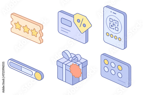 Loyalty Program Icons. Isometric vector illustration set Reward and Loyalty Savings: coupon with reward stars, loyalty card with