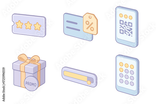 Loyalty Program Icons. Isometric vector illustration set Reward and Loyalty Savings: coupon with reward stars, loyalty card with