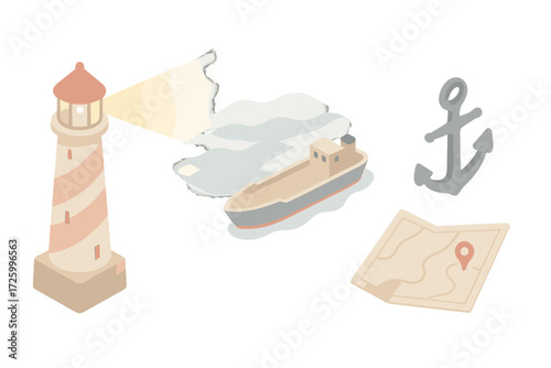 Lighthouse and Ship Scene. Isometric vector illustration set Lighthouse Signaling Elements: tall lighthouse with spiral pattern,