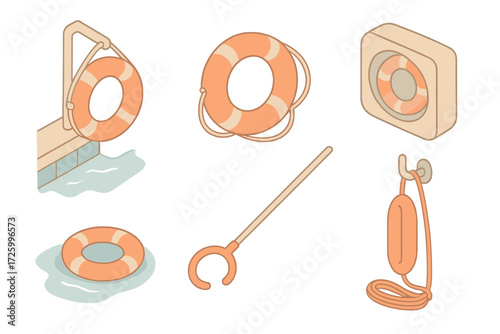 Poolside Rescue Equipment. Isometric vector illustration set Poolside Rescue Equipment: lifebuoy hanging beside pool, float ring