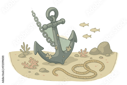 Underwater Anchor Scene. Isometric vector illustration set Underwater Anchor Scene: metal anchor with marine growth, linked chain