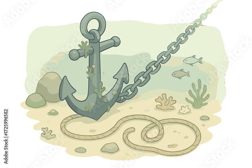 Underwater Anchor Scene. Isometric vector illustration set Underwater Anchor Scene: metal anchor with marine growth, linked chain