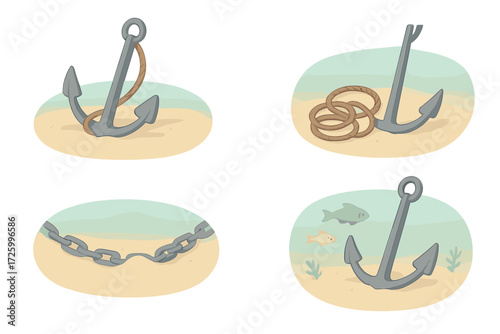 Seafloor Anchor Arrangement. Isometric vector illustration set Seafloor Anchor Arrangement: folded anchor on soft seabed, tangled
