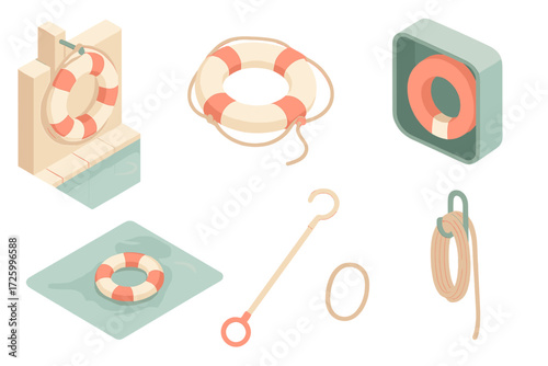 Poolside Rescue Equipment. Isometric vector illustration set Poolside Rescue Equipment: lifebuoy hanging beside pool, float ring