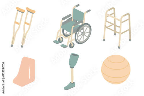 Rehabilitation Tools Icons. Isometric vector illustration set of rehabilitation and therapy: crutches, wheelchair, walker, elastic