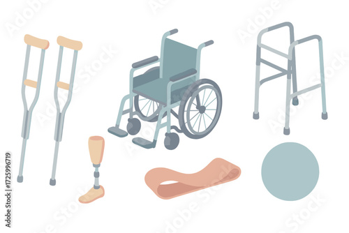 Rehabilitation Tools Icons. Isometric vector illustration set of rehabilitation and therapy: crutches, wheelchair, walker, elastic