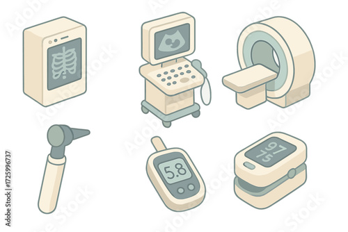 Diagnostic Device Icons. Isometric vector illustration set of diagnostic devices: X-ray scan, ultrasound machine, MRI scanner,